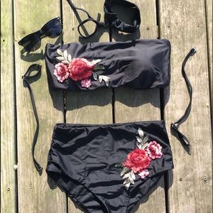 Black High Waisted Bikini With Embroidered Rose